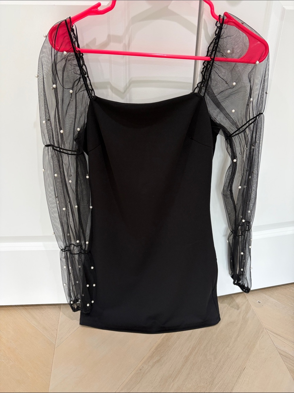 Black Pearl-Embellished Mesh Sleeve Dress